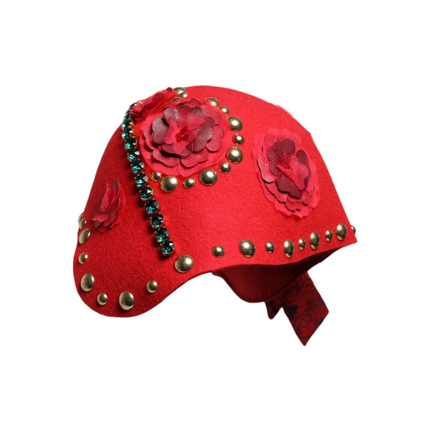 Dolce & Gabbana Red Crystal Gold Roses Brooch Embellished Hat HAT9652