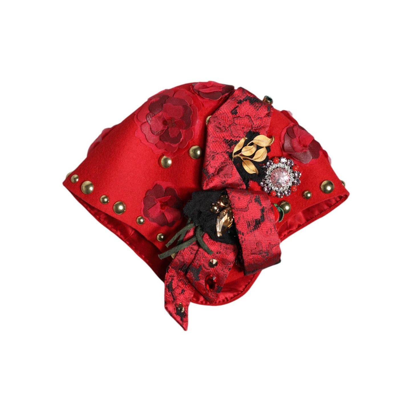 Dolce & Gabbana Red Crystal Gold Roses Brooch Embellished Hat HAT9652