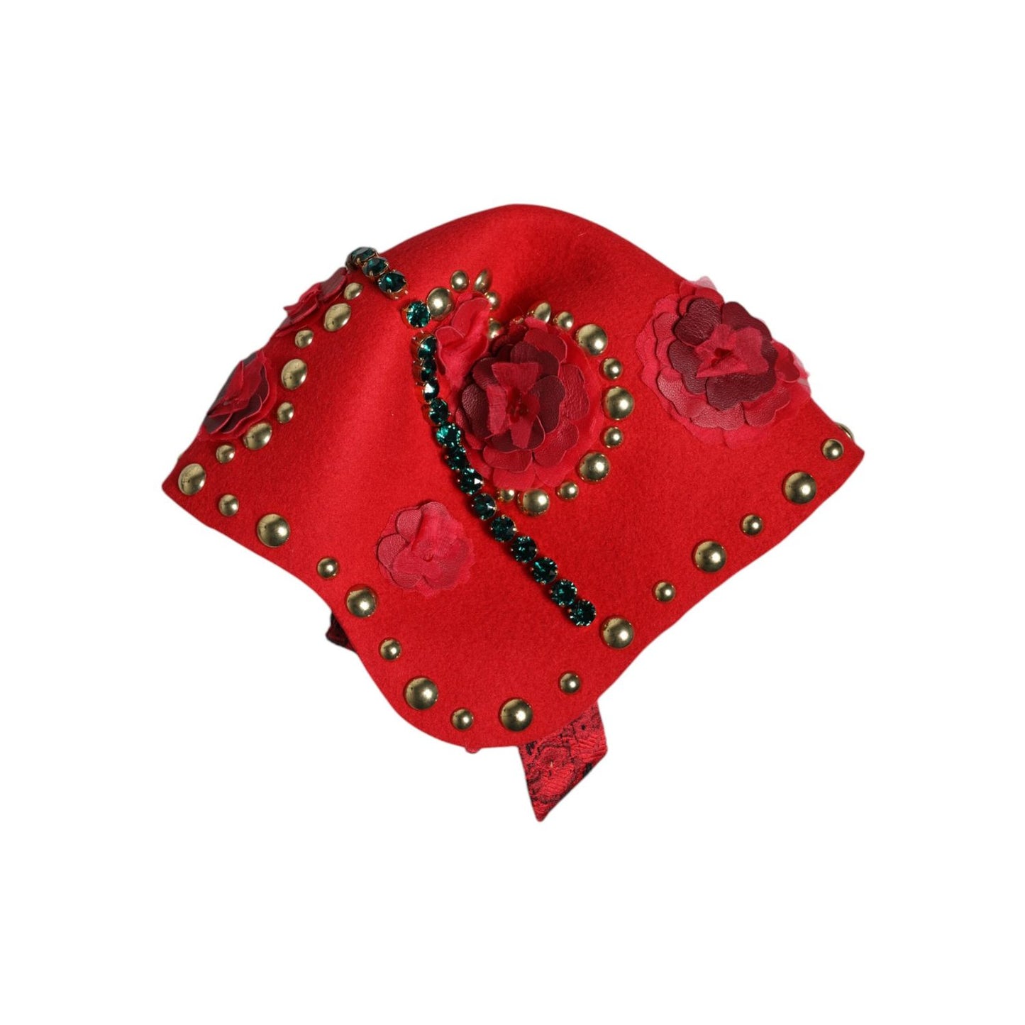 Dolce & Gabbana Red Crystal Gold Roses Brooch Embellished Hat HAT9652