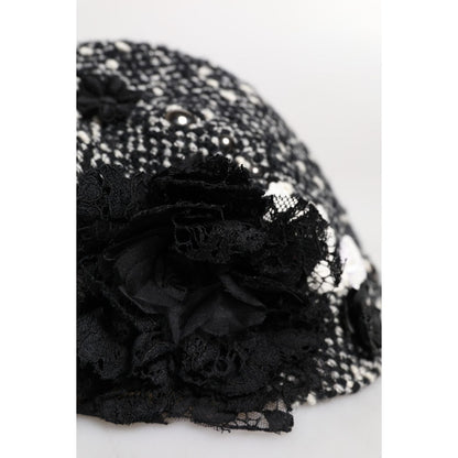Dolce & Gabbana Black Wool White Floral Embellished Cloche Hat
