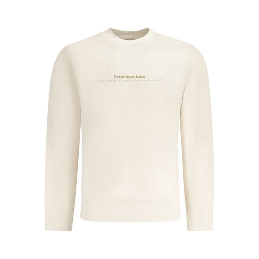 Calvin Klein Beige Cotton Men Sweater with logo print, long sleeve pullover showcasing stylish design in cream color.