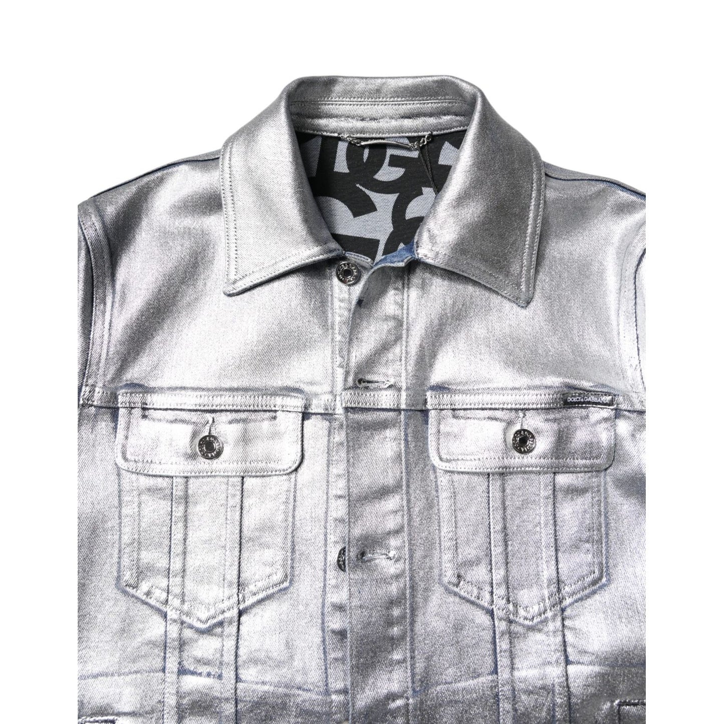 Dolce & Gabbana Silver Cotton Button Down Denim Biker Jacket