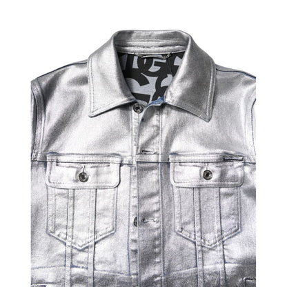 Dolce & Gabbana Silver Cotton Button Down Denim Biker Jacket