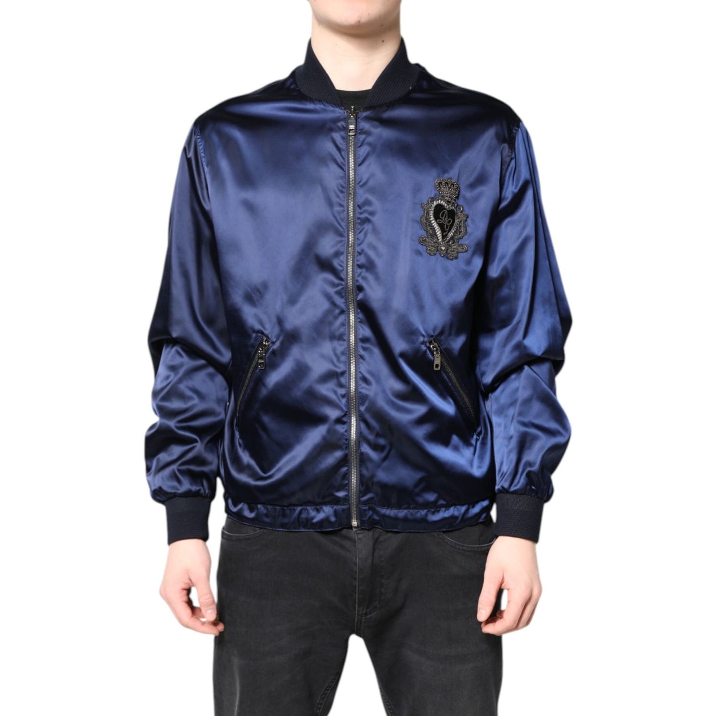 Dolce & Gabbana Blue Nylon DG Crown Full Zip Bomber Jacket