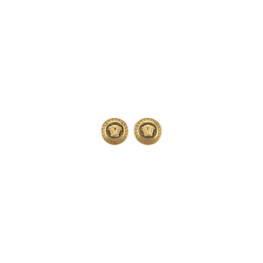 Versace Earrings with gold-plated embossed Medusa heads, round design, AW25 collection, 100% metal, made in Italy.
