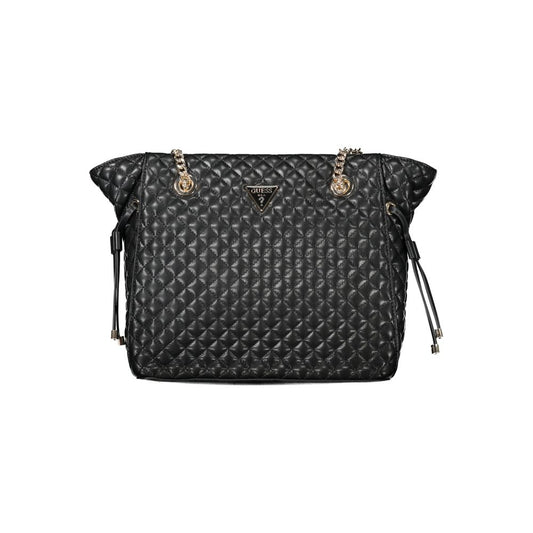 Guess Jeans Black Polyethylene Women Handbag with dual chain shoulder handles and quilted design, perfect for urban style.