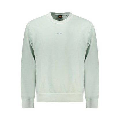 Hugo Boss Green Cotton Men Sweater, crew neck, featuring brushed texture and iconic logo, perfect for casual sophistication. Color: Green.