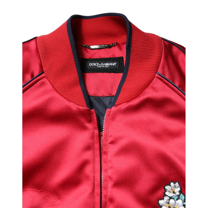 Dolce & Gabbana Red Floral Patch Full Zip Men Bomber Jacket