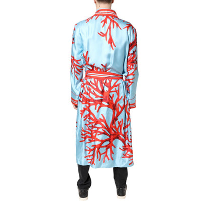 Dolce & Gabbana Blue Red Coral Print Wrap Robe Coat Jacket