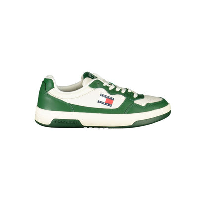 Tommy Hilfiger White Leather Men Sneaker with green accents, featuring a logo, designed for style and comfort with removable insole.
