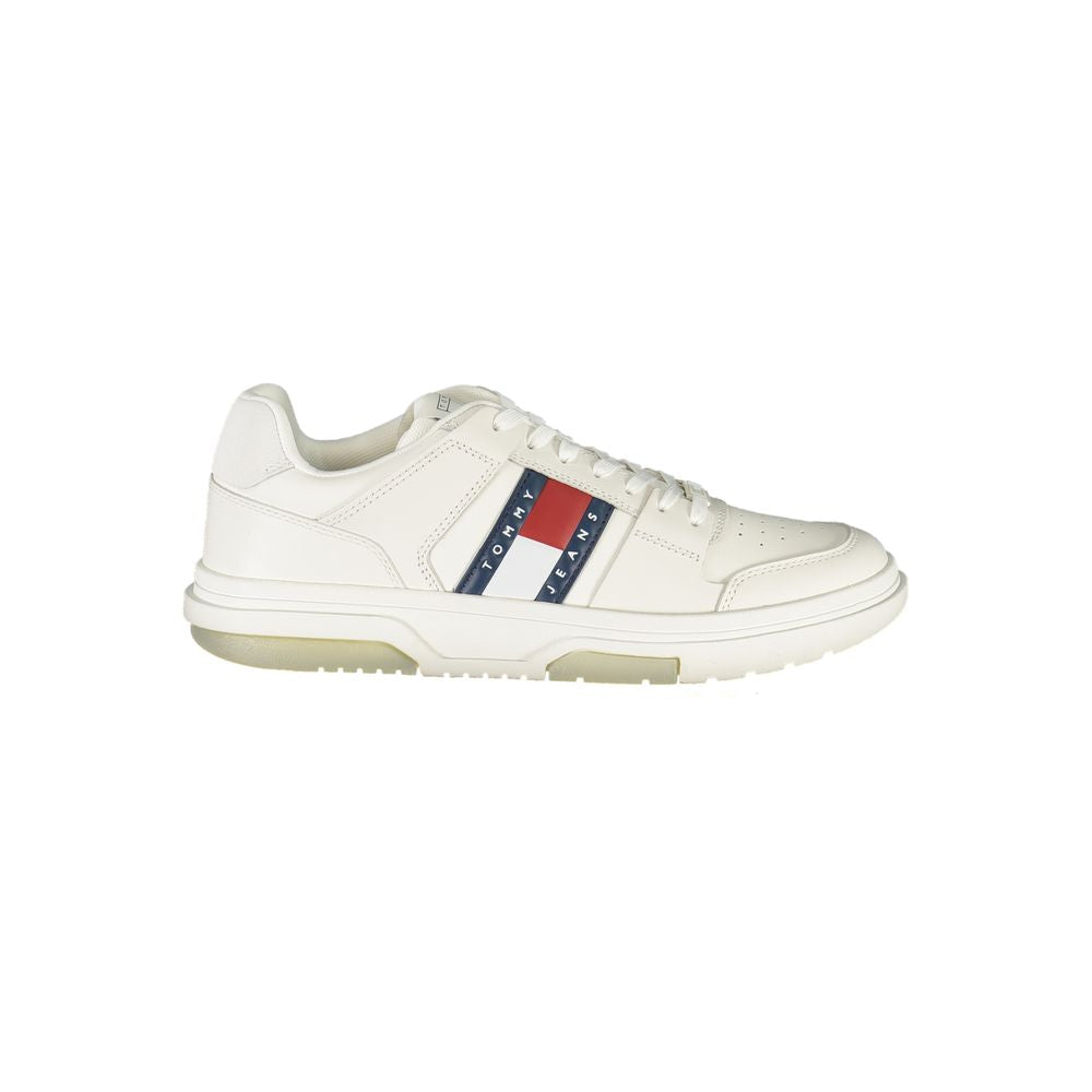 Tommy Hilfiger White Leather Men Sneaker with contrasting details and signature Tommy logo, showcasing athletic luxury and premium quality.