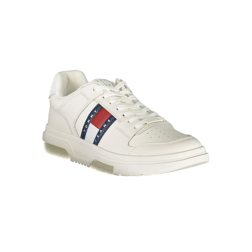 Tommy Hilfiger White Leather Men Sneaker featuring contrasting detail and Tommy logo, ideal for stylish and comfortable athletic wear.