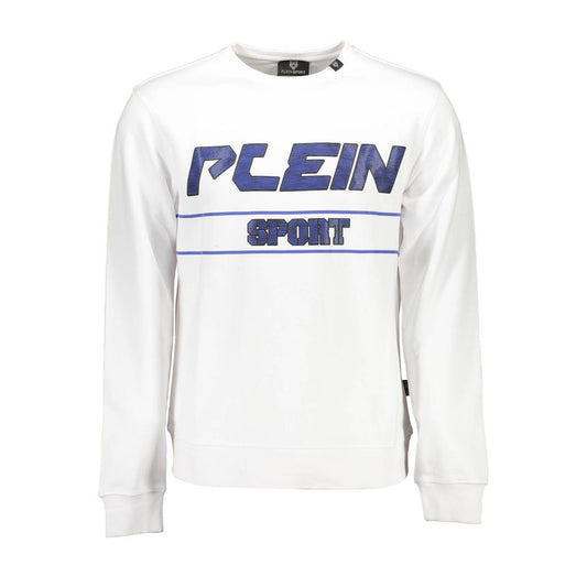 Plein Sport White Cotton Men Sweater with logo on front, long sleeves, crew neck, fashion-forward design for bold style statement.