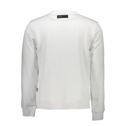 Back view of Plein Sport White Cotton Men Sweater showcasing sleek long sleeves and classic design.