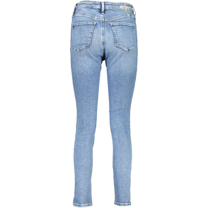 Calvin Klein Blue Cotton Women Jeans with embroidery and logo, high-rise skinny fit, featuring recycled cotton blend for eco-conscious fashion.