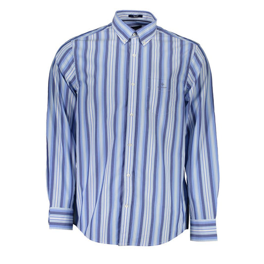 Gant Blue Cotton Men Shirt with stripes, long sleeves, and button-down collar, featuring the Gant logo on pocket.