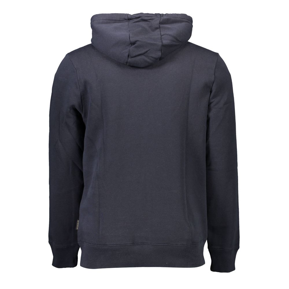 Napapijri Blue Organic Cotton Men Sweater shown from the back, featuring durable polyester blend and sleek hoodie design.
