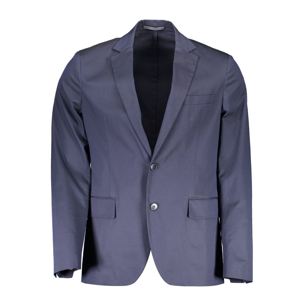 Gant Blue Cotton Men Jacket with classic long sleeves and sharp tailoring, featuring two external pockets and discreet internal pocket.