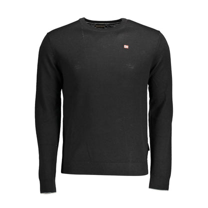 Napapijri Black Wool Men Sweater with subtle logo embroidery, crew neck style, long sleeves, made from fine wool, elegant black color.