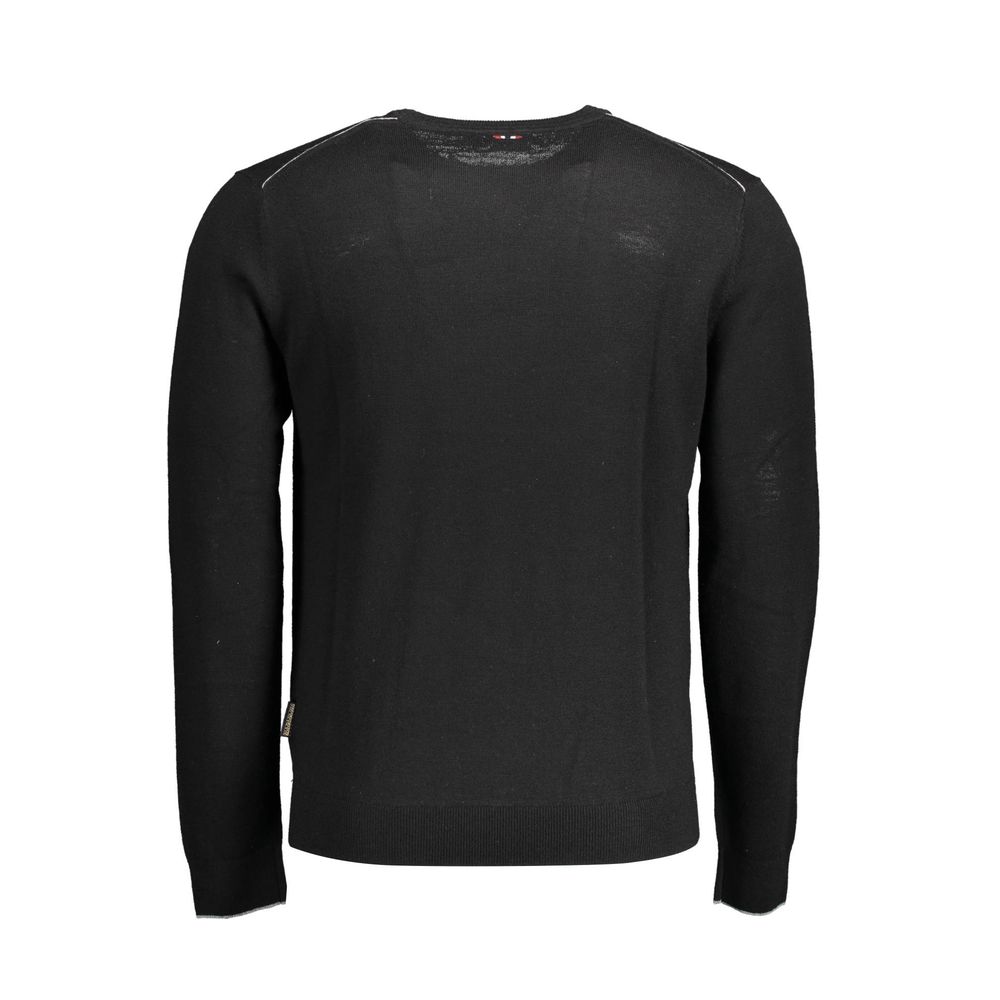 Napapijri Black Wool Men Sweater, long sleeve, crew neck, sleek black hue with subtle logo embroidery, luxury and comfort.