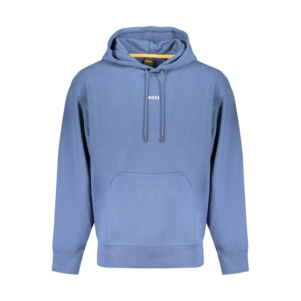 Hugo Boss Blue Cotton Men Sweater, long-sleeved hoodie with central pocket and logo, luxury casual wear, brushed soft touch, color: blue.