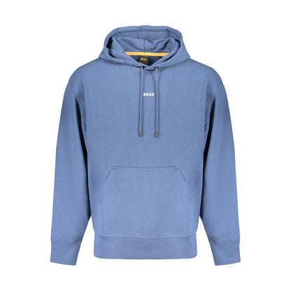 Hugo Boss Blue Cotton Men Sweater, long-sleeved hoodie with central pocket and logo, luxury casual wear, brushed soft touch, color: blue.