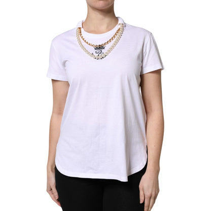 Dolce & Gabbana White Chain Pearl Cotton Round Neck T-shirt