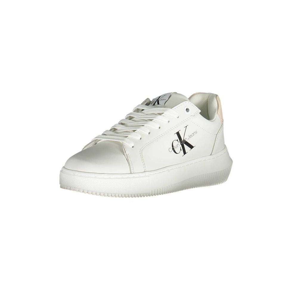 Calvin Klein White Polyester Women Sneaker with logo detailing, sustainable and stylish lace-up design made from recycled materials.