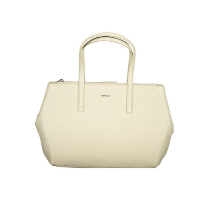 Calvin Klein Beige Polyester Handbag with adjustable strap, external pocket, zip closure, and logo detailing.
