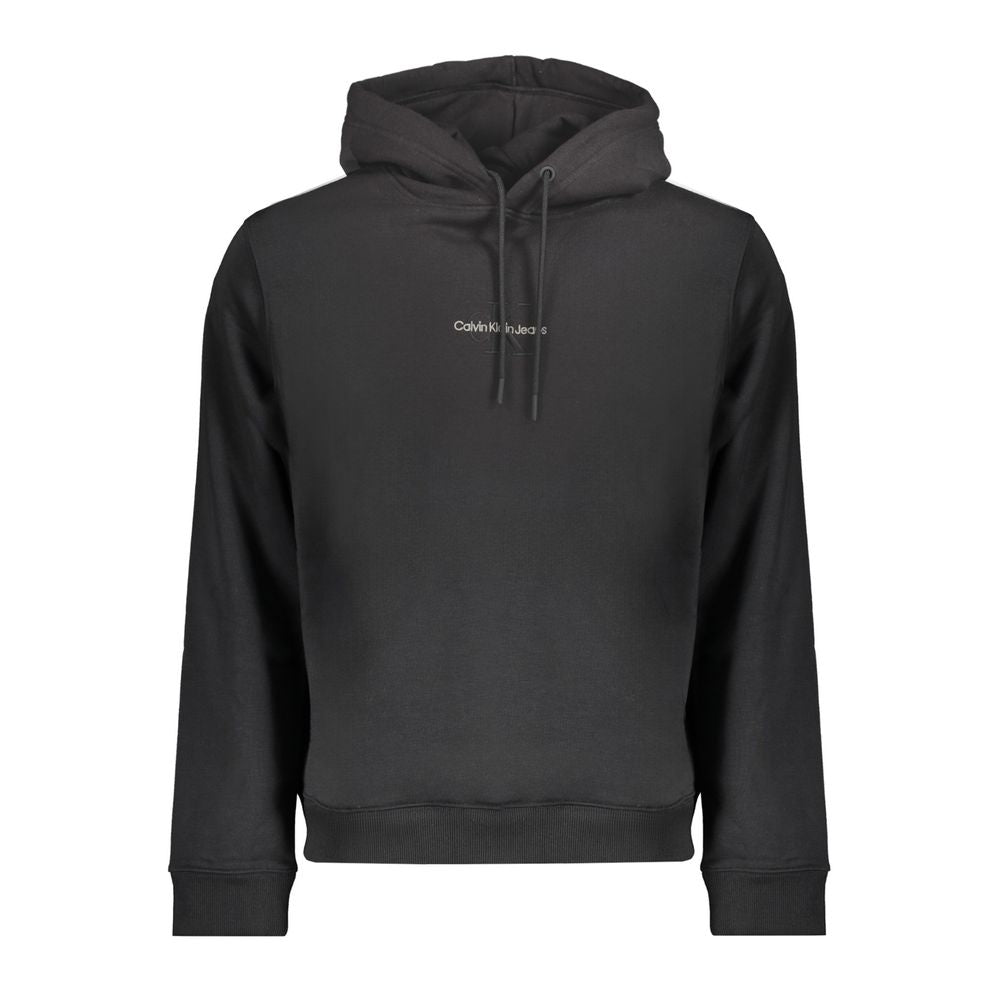 Calvin Klein Black Cotton Men Sweater with iconic logo embroidery, eco-friendly with 20% recycled cotton, stylish long sleeve hoodie design.