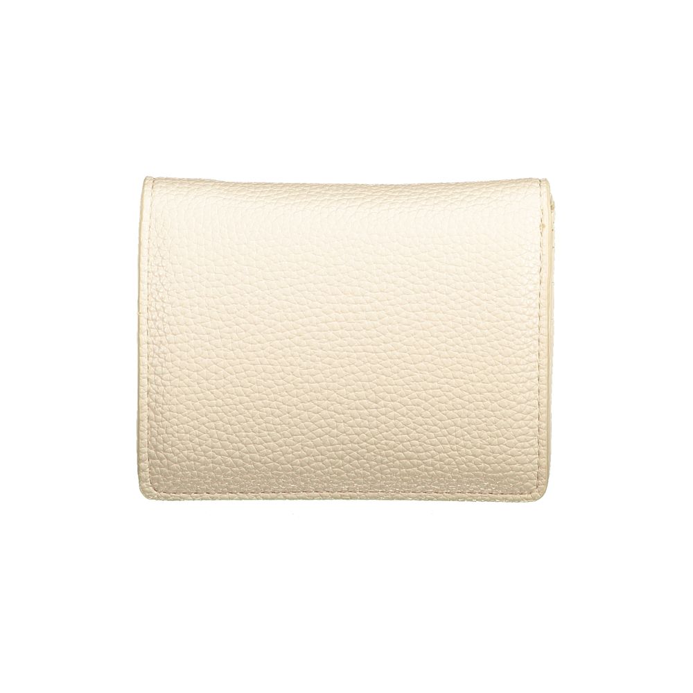 Mario Valentino Beige Polyethylene Wallet with card spaces and coin purse, features automatic closure and logo, made from recycled materials.