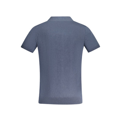 Back view of Guess Jeans Blue Cotton Men Sweater with short sleeves, showcasing elegant style and contemporary design.