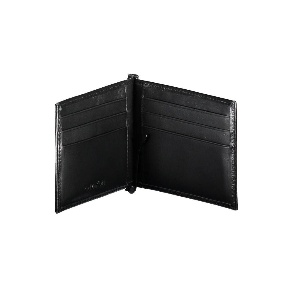 Calvin Klein Black Leather Men Wallet with RFID blocking, card slots, and money clip, showcasing premium craftsmanship and sleek design.