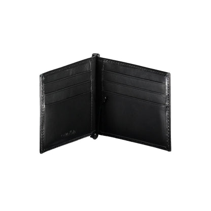 Calvin Klein Black Leather Men Wallet with RFID blocking, card slots, and money clip, showcasing premium craftsmanship and sleek design.