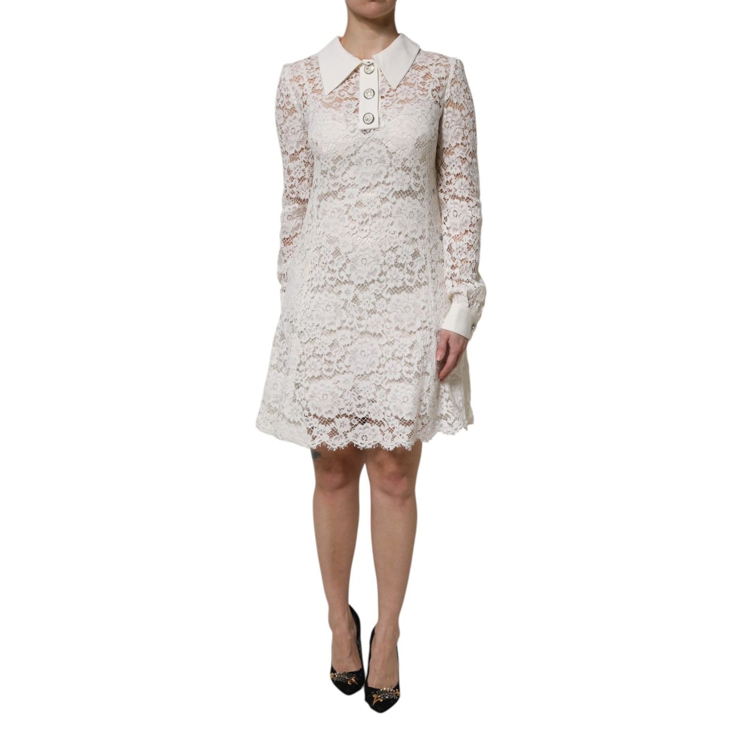 Dolce & Gabbana White Floral Lace Long Sleeves A-line Dress