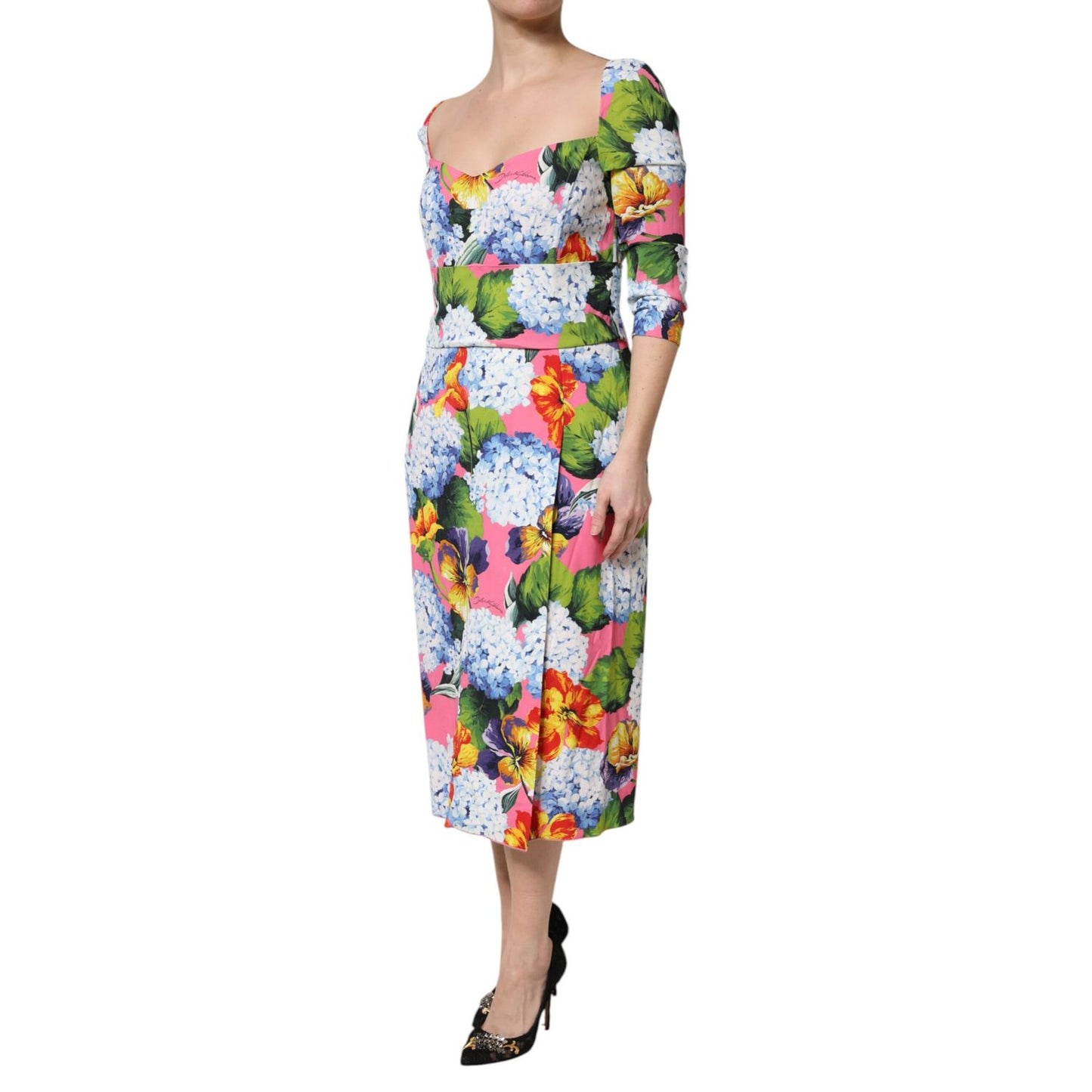 Dolce & Gabbana Multicolor Floral Pleated Sheath Midi Dress