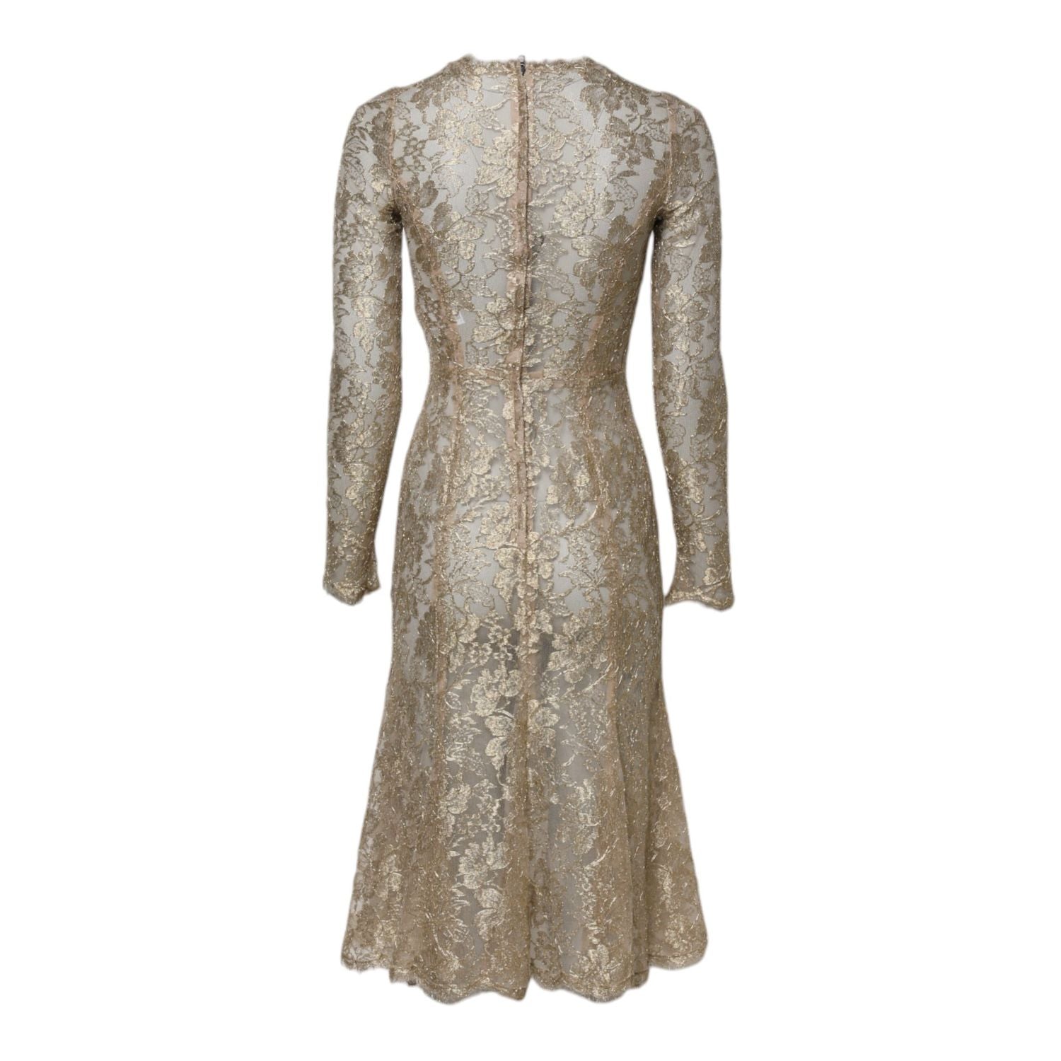 Dolce & Gabbana Gold Floral Lace Long Sleeves Fit & Flare Dress