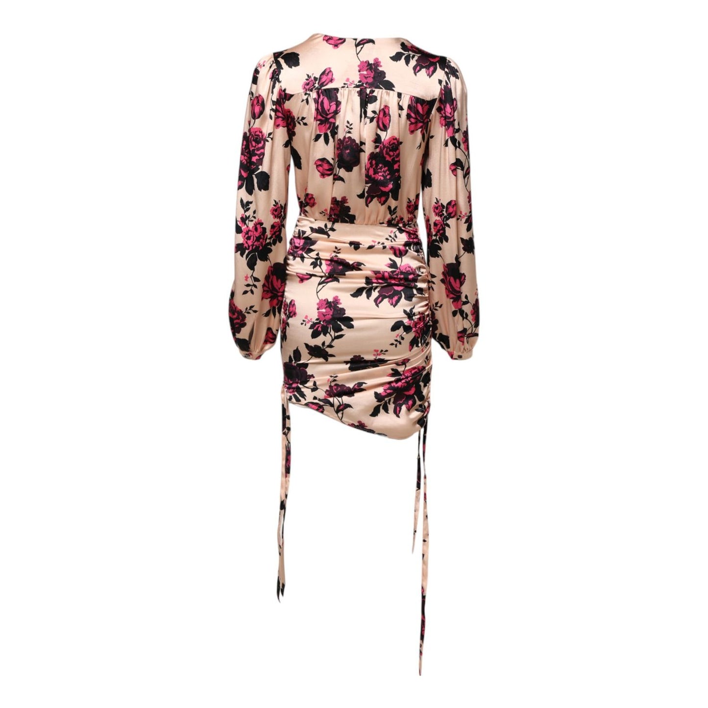 Laneus Pink Floral Silk Long Sleeves V-neck Ruched Mini Dress
