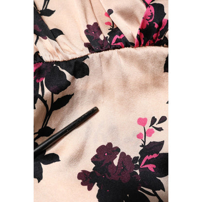 Laneus Pink Floral Silk Long Sleeves V-neck Ruched Mini Dress