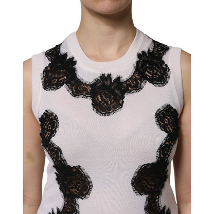 Dolce & Gabbana White Cashmere Floral Lace Detailing Tank Top