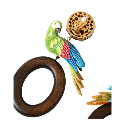 Dolce & Gabbana Multicolor Parrot Wood Brass Crystal Embellished Earrings