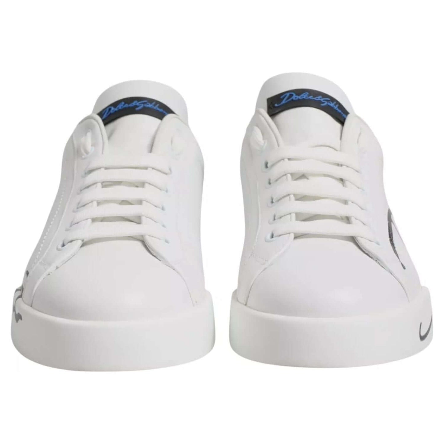Dolce & Gabbana White Blue Leather Logo Low Top Sneakers Shoes