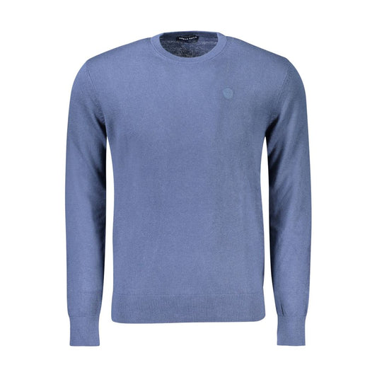 North Sails Blue Cotton Men Sweater with logo, crew neck long sleeve design, made with cotton and wool for stylish comfort.