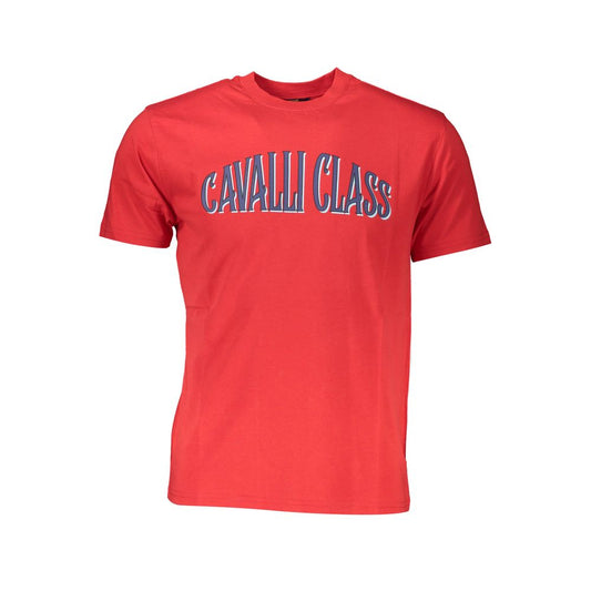 Cavalli Class Red Cotton Men T-Shirt with logo print, short sleeve, crew neck, perfect for a stylish and chic wardrobe enhancement.
