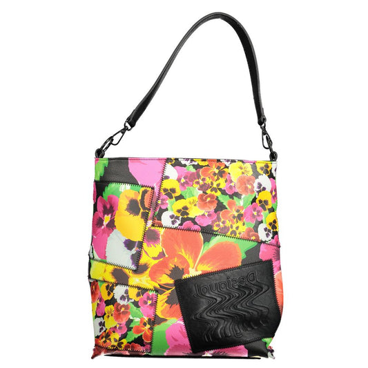 Desigual Black Polyethylene Women Handbag with floral design and detachable strap, showcasing vibrant style and functionality.
