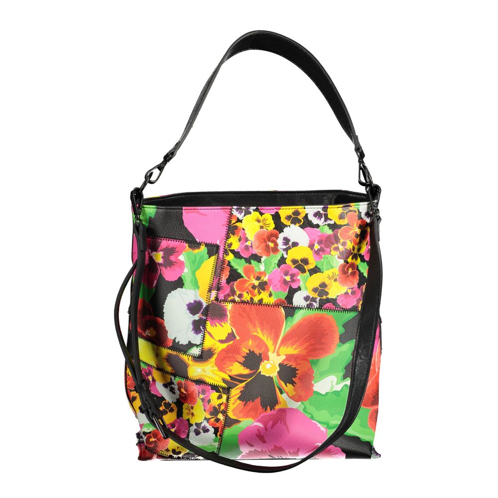 Desigual Black Polyethylene Women Handbag with floral design, removable shoulder handle, and adjustable strap for versatile style.