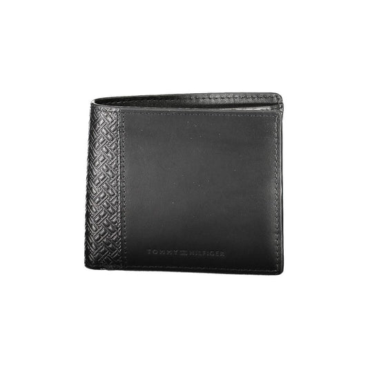 Tommy Hilfiger Black Leather Men Wallet with embossed design and logo, featuring multiple compartments and card slots for organization.