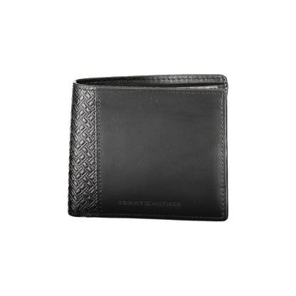 Tommy Hilfiger Black Leather Men Wallet with embossed design, featuring multiple card slots and iconic logo