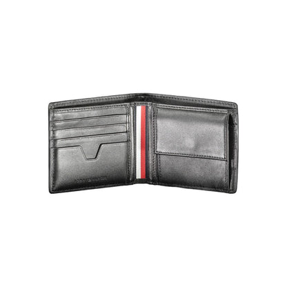 Open view of Tommy Hilfiger Black Leather Men Wallet with card slots and coin pouch, featuring the iconic logo and classic design.