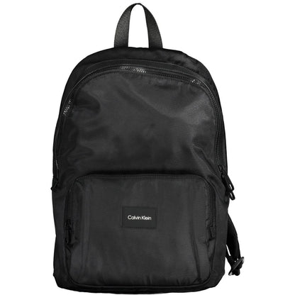 Calvin Klein Black Polyester Men Backpack with adjustable straps and bold logo, made from eco-friendly recycled polyester material.